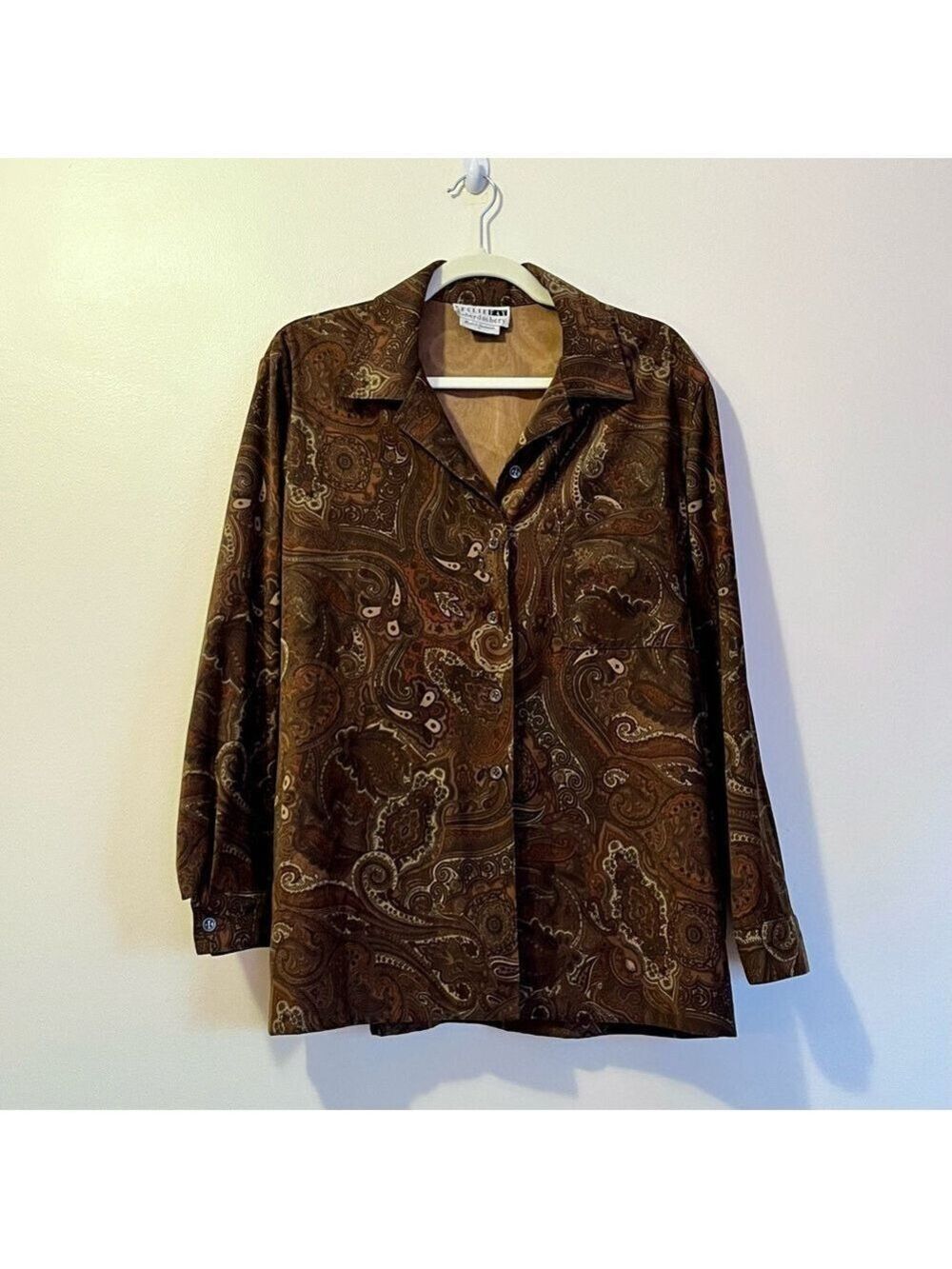 Vintage 90s Leslie Fay Paisley Blouse Suede Feel Brown Soft Matte Size 10